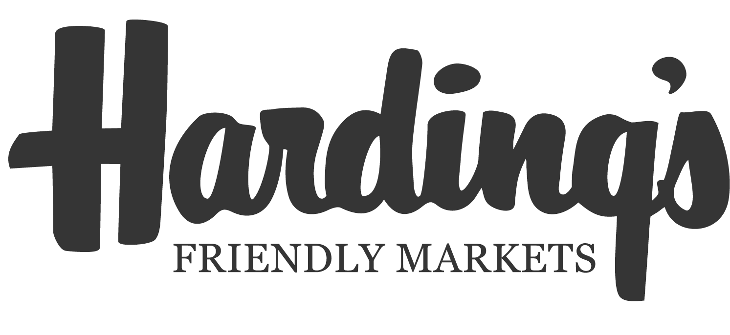 Harding's Friendly Markets logo in bold, black script with a welcoming slogan below.